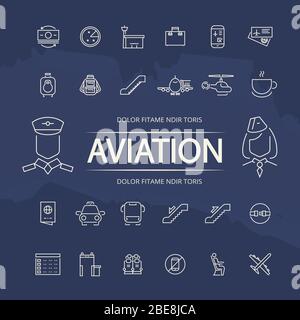Aviation outline icons collection on blue grunge background. Vector illustration Stock Vector