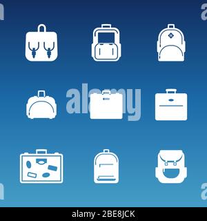 White flat travel bag icons set. Luggage and handbag, backpack vector illustration Stock Vector