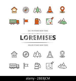 Travel, highway traffic, location outline and colorful icons. Vector illustration Stock Vector