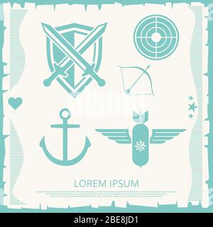 Unit military army and navy elements - anchor, swords, arrow, bomb. Vector illustration Stock Vector