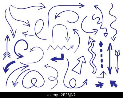 Hand drawn arrows set on white background. Collection of drawing doodle arrrow pointer, vector illustration Stock Vector