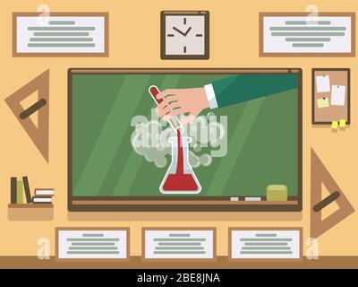 Chemical experiment on chalkboard in classroom. Experiment chemistry, science chemical research. Vector illustration Stock Vector