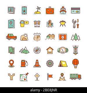 Travel, camping, location flat icons collection. Luggage and navigation, baggage and location map illustration Stock Vector