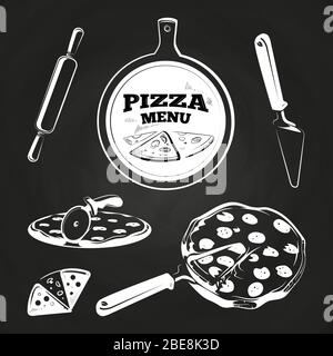 Vintage pizza elements for labels and design on chalkboard Stock Vector