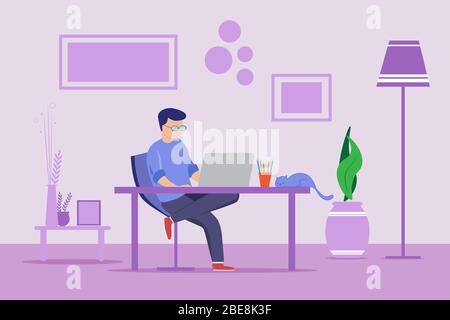 Young man freelancers working on laptop computers at home in the purple living room. Vector illustration with working home concept Stock Vector