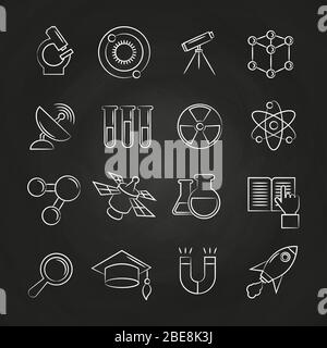 Science line icons set on chalkboard. School chemistry science, vector illustration Stock Vector
