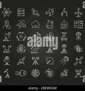 Science and orbit communication thin line icons on chalkboard. Rocket and satellite, antenna and router, vector illustration Stock Vector