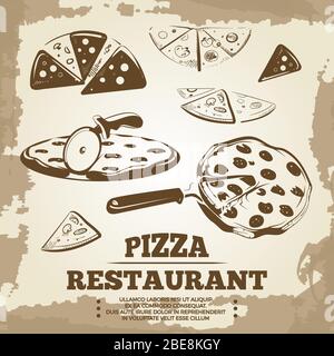 Vintage pizza elements for cafe, restaurant, bar or delivery. Pizza restaurant retro, italy food sketch illustration Stock Vector
