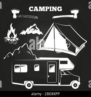 Camping or hiking vintage elements on chalkboard. Adventure badge illustration vector Stock Vector