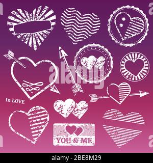 Romantic grunge white frames and stamps. Romantic love symbol grunge, valentine heart for wedding, vector illustration Stock Vector