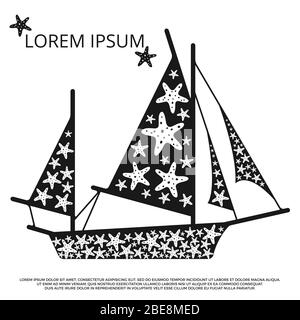 Black and white sailboat with sea stars. Sailboat and ship, vector illustration Stock Vector