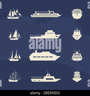 Sailboat and ship icons collection on grunge backdrop. Vector illustration Stock Vector