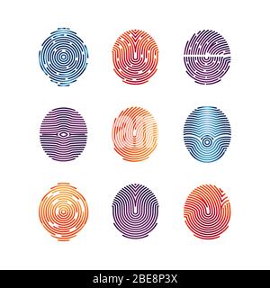 Colorful fingerprints icons - biometric info. Vector biometric fingermark illustration flat Stock Vector