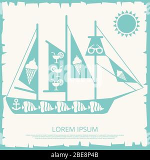 Travel sailboat concept on vintage backdrop. Adventure and journey, vector illustration Stock Vector