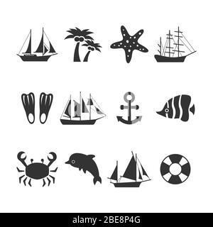 Summer sea vacation icons set. Summer elements and animals , anchor and dolphin, starfish. Vector illustration Stock Vector