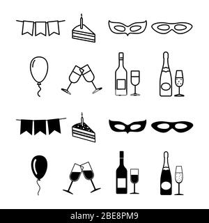 Birthday party icons collection - party silhouette and line icons set. Vector illustration Stock Vector