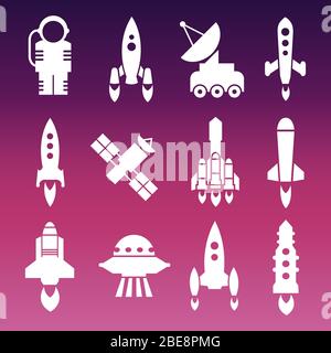 White shuttle, rockets and space techics icons. Vector ilustration flat Stock Vector