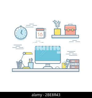 Colorful office work space with computer, stationery, mug. Vector illustration Stock Vector