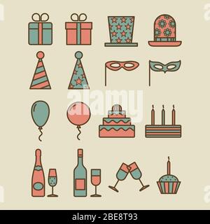 Colorful vintage party icons. Gift box and mask, balloon and cake retro styled signs Stock Vector