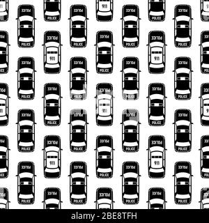 Black and white police cars seamless pattern. Traffic transport, vector illustration Stock Vector
