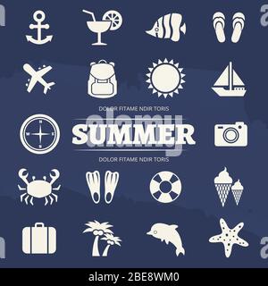 Summer vacation icons set - travel adventure icon. Summertime travel icon anchor and sun, cocktail and leisure, vector illustration Stock Vector