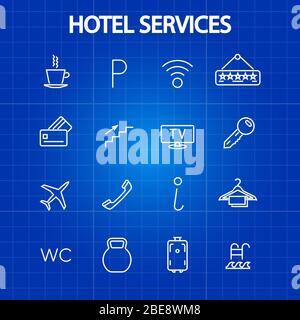 Hotel services thin line icons. Tourism and vacation symbol. Vector illustration Stock Vector