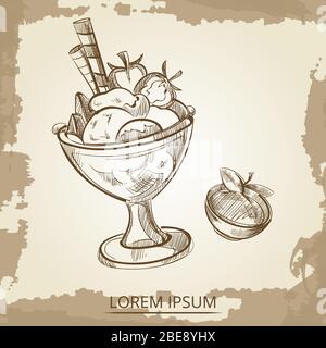 Sweet desserts vector - hand drawn ice cream and aramelized apple on vintage backdrop. Vector illustration Stock Vector