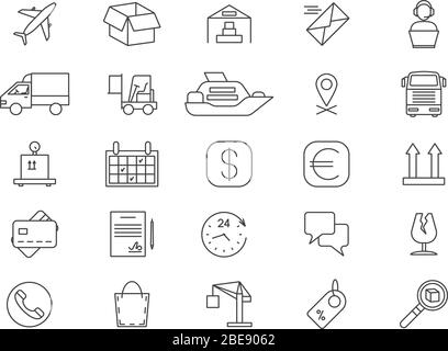 Import and export logistics, shipping and goods delivery, cargo line icons. Delivery and export transportation container, warehouse and distribution logistics illustration Stock Vector