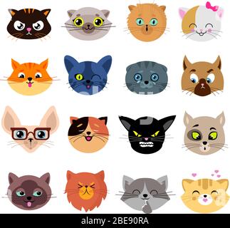 Heads of cute cat characters with different emotions vector. Set of cats head enamored and funny illustration Stock Vector