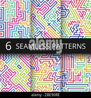 Modern geometric seamless vector patterns with color line shapes. Retro technology abstract repeating backgrounds collection. Geometric maze colored pattern collection illustration Stock Vector