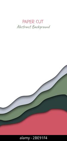 Abstract vertical vector banner in paper cut style with shadows and copy space for text. Paper art in trendy color layers, shape of waves. Realistic minmal layout template for stories, website Stock Vector