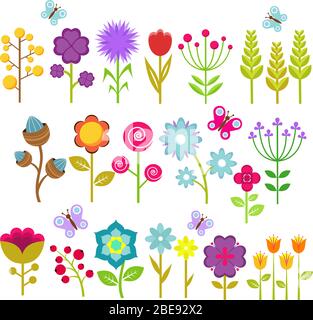 Summer flowers isolated vector collection. Cute floral elements for retro 70s design. Vintage flower blossom of set illustration Stock Vector