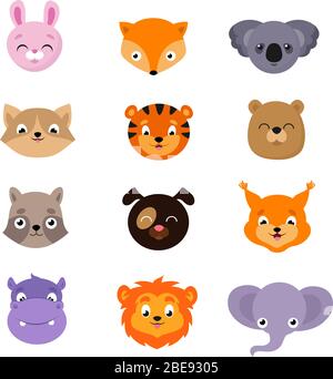 Cute baby animal faces vector set. Heads animal character dog and squirrel, hippopotamus and elephant illustration Stock Vector