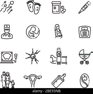 Pregnancy and newborn child line vector icons. Motherhood and infant baby pictograms. Woman pregnancy and motherhood, infant baby line style and gynecology illustration Stock Vector