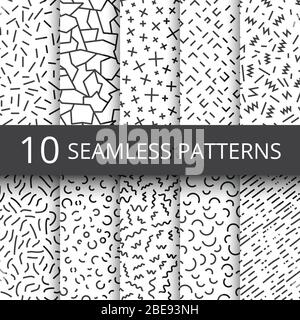 Funky memphis seamless vector patterns. 80s and 90s school fashion black and white texture backgrounds with simple geometric shapes. Background with abstract elements zigzag and curve illustration Stock Vector