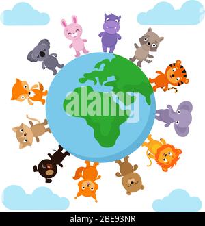 Cute and funny baby animals walking around Earth globe vector illustration. Cartoon anumals globe around, elephant and lion, dog and raccoon Stock Vector
