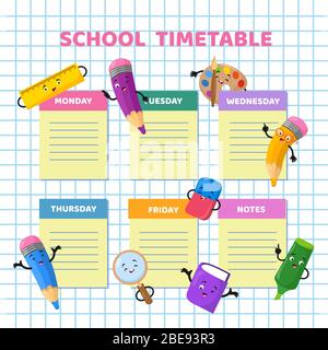 School timetable with funny cartoon stationery characters. Children weekly class schedule vector template. School schedule organizer week calendar illustration Stock Vector