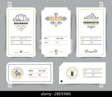 Retro alcohol drink vector emblems. Vintage bourbon, whiskey and brandy labels. Vermouth and cognac card emblem illustration Stock Vector