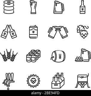 Beer alcohol drinks line vector icons. Brewing alcohol beer from hops illustration Stock Vector