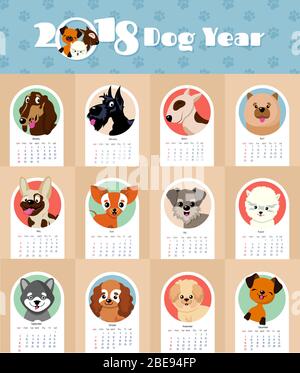 2018 new year calendar with cute and funny puppy dogs chinese symbol vector template. Calendar 2018 year of dog, funny puppy illustration Stock Vector