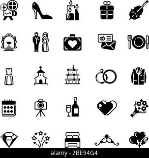 Bridal vector symbols. Wedding vector black silhouette icons isolated on white. Collection of wedding icons black silhouette illustration Stock Vector