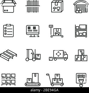 Storage service, warehouse, package delivery and equipment vector line icons. Freight and package, cargo container storage illustration Stock Vector