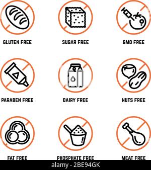 Food ingredient warning vector icons. Phosphate free, without gmo, no gluten organic product symbols. Forbidden sugar and gluten, phosphate and dairy illustration Stock Vector