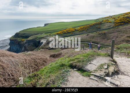Spring view of sea cliffs along the route of the Cleveland Way long distance route between Robin Hood's Bay and Whitby Stock Photo
