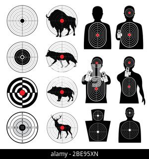 Gun shooting targets and aiming target silhouettes vector collection. Aim and goal, target for sniper, bullseye round aim illustration Stock Vector