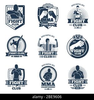 Retro mma vector emblems and labels. Fight club vintage logos. Emblem logo sport boxing and mma club illustration Stock Vector