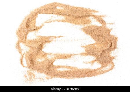 Sea sand stains isolated on white background. Sand painting. Sand pile, desert dune. Top view. Copy space in centre of photo. Stock Photo