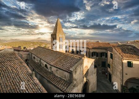 Top view of the medieval village of Capalbio, province of Grosseto, Tuscany, Italy. Historic buildings in the hills. Stock Photo