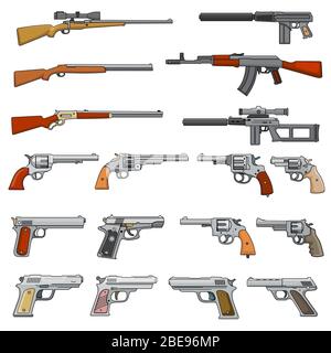 Various rifle, guns and pistols cartoon vector weapons icons. Collection of pistol and gun, shotgun and handgun illustration Stock Vector