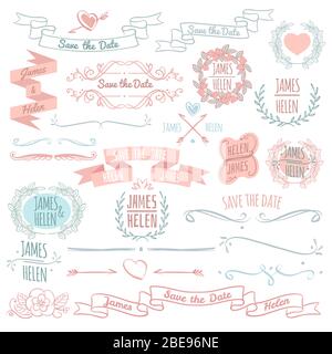Wedding floral decoration elements vector collection with hand drawn wreath frames, banners and monograms. Illustration of wedding decoration design Stock Vector
